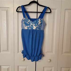 Lululemon Athletica Blue back on track lace of lage with floral design over bust